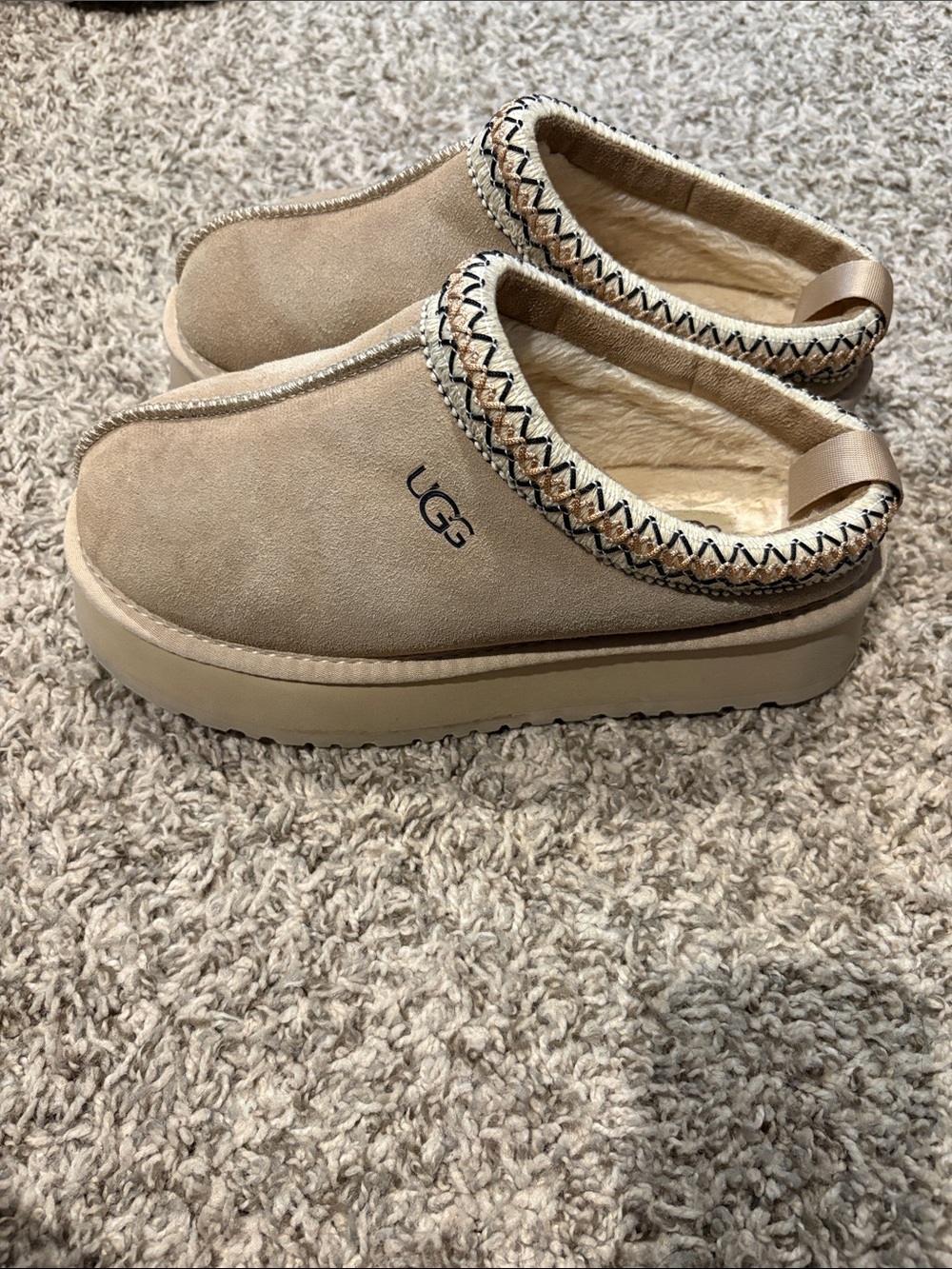 UGG Taupe Suede Platform Cozy Lined Slip-Ons - Picture 2 of 6